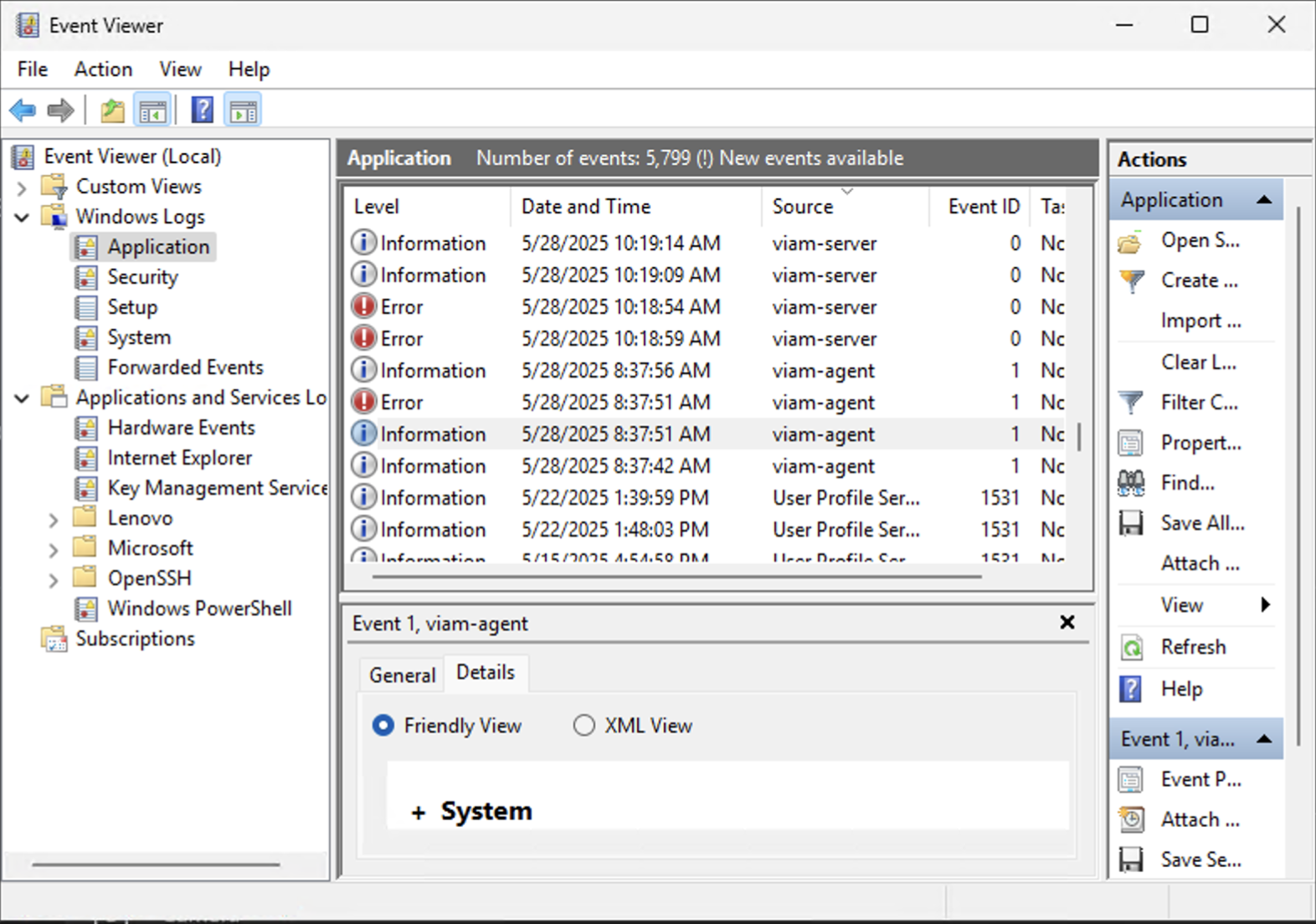 Windows Event Viewer showing logs